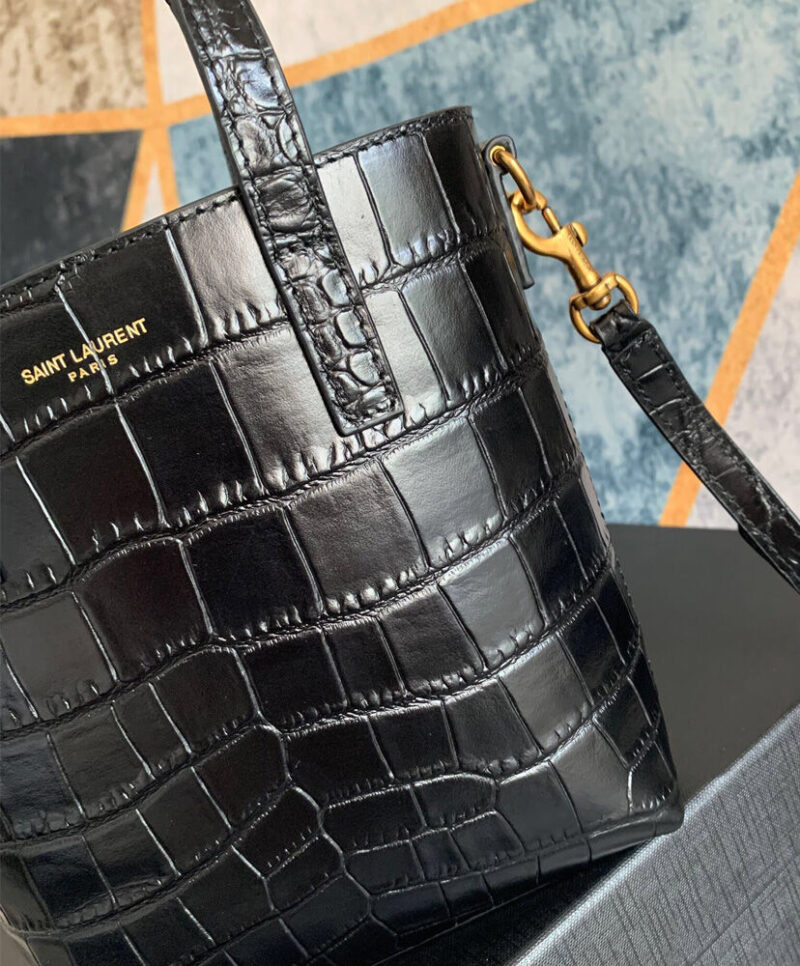 Saint Laurent Paris Mini Toy Shopping In Crocodile-Embossed Leather Black